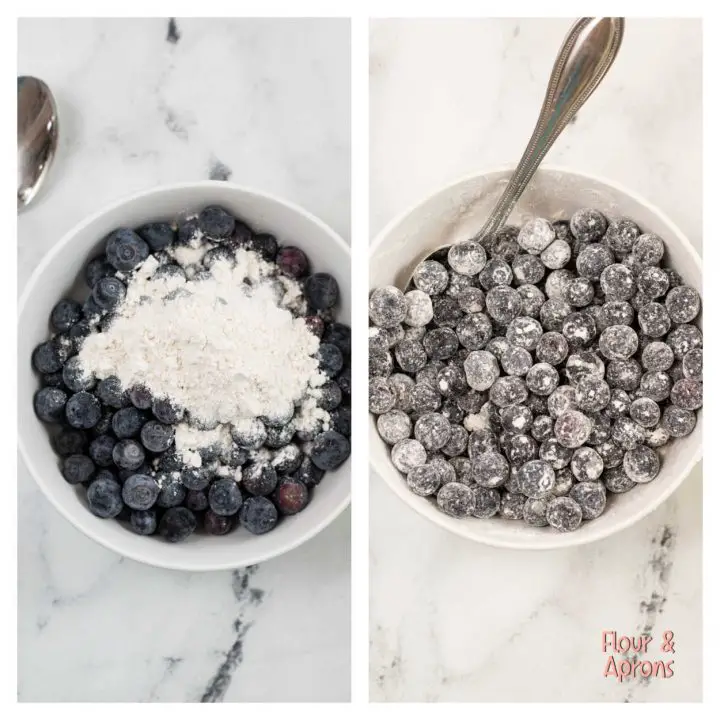 Picture on left flour on blueberries, right side has blueberries mixed with flour.