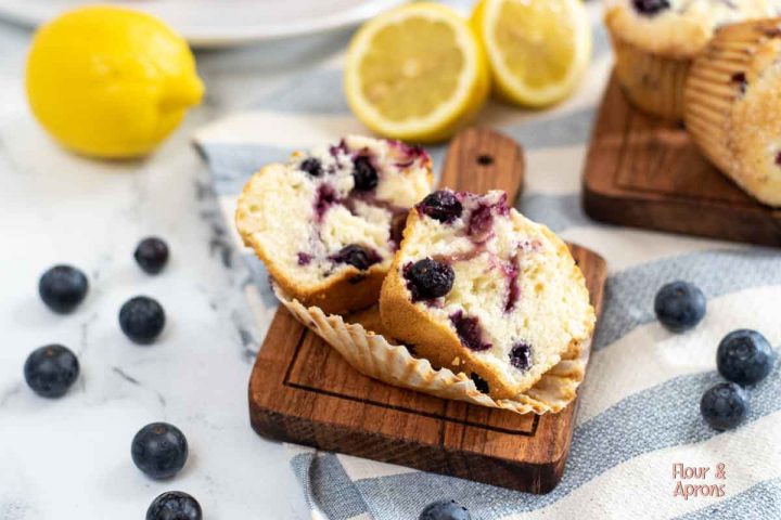 Lemon blueberry muffins cut in half.
