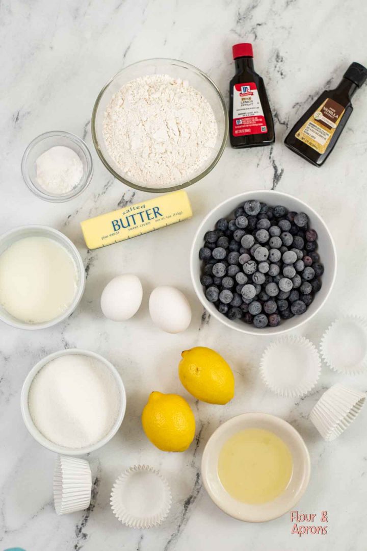 Ingredients laid out for lemon blueberry muffins.