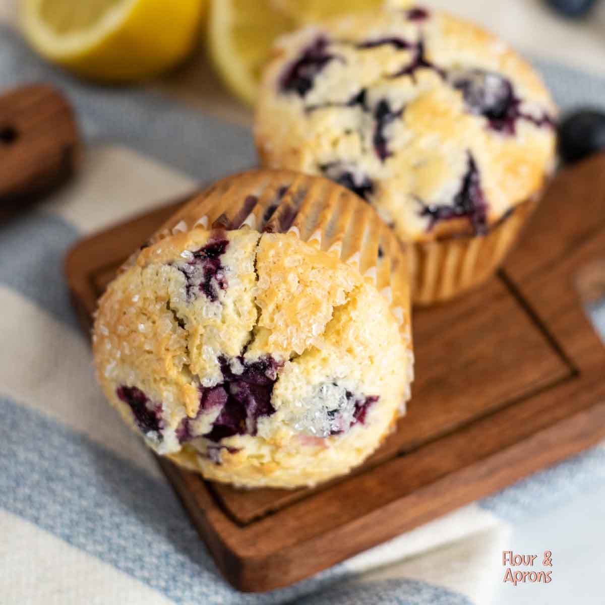 Closeup of lemon blueberry muffins.