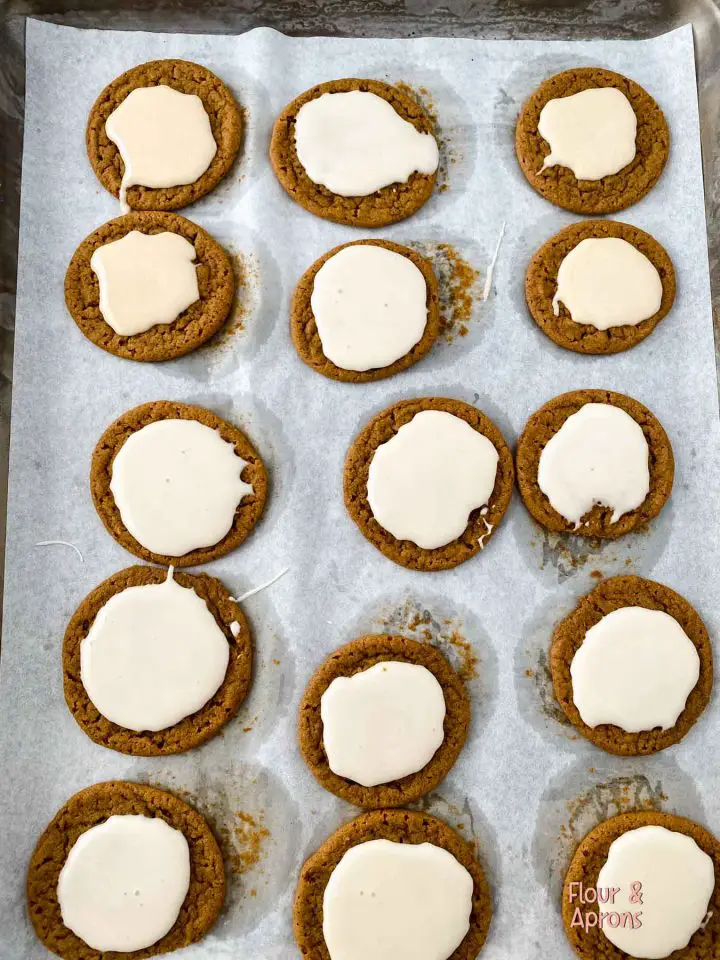 Molasses cookies just iced.