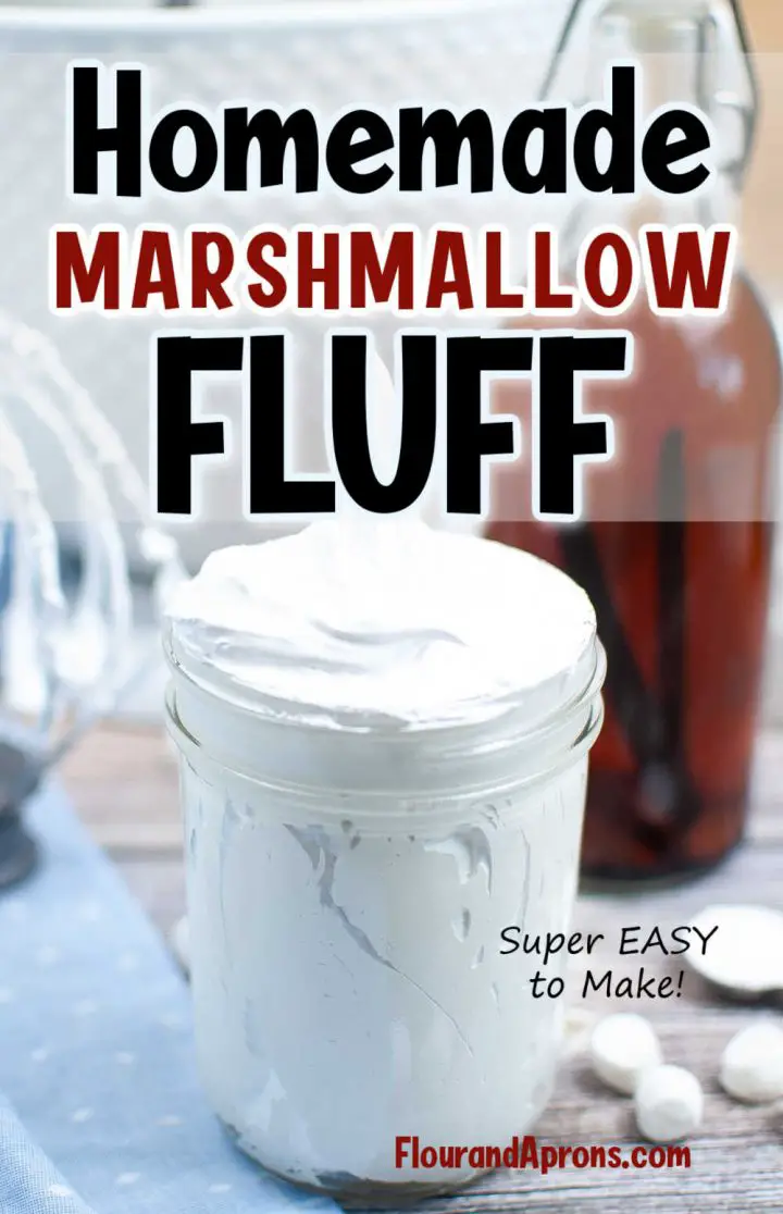 Pin image, top says "Homemade marshmallow fluff" overlaid a jar of marshmallow fluff.