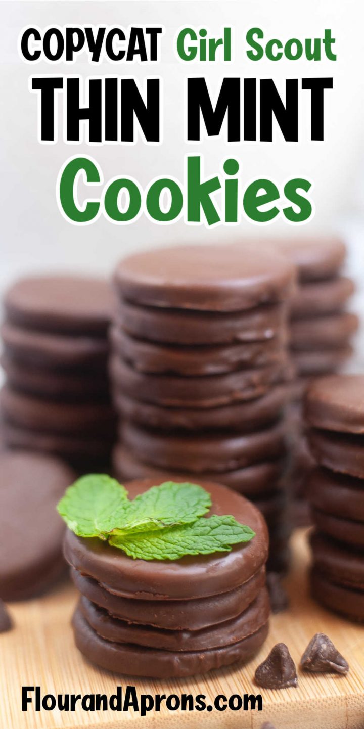 Pin image: top says "Copycat Girl Scout Thin Mint Cookies" and piles of thin mint cookies under.