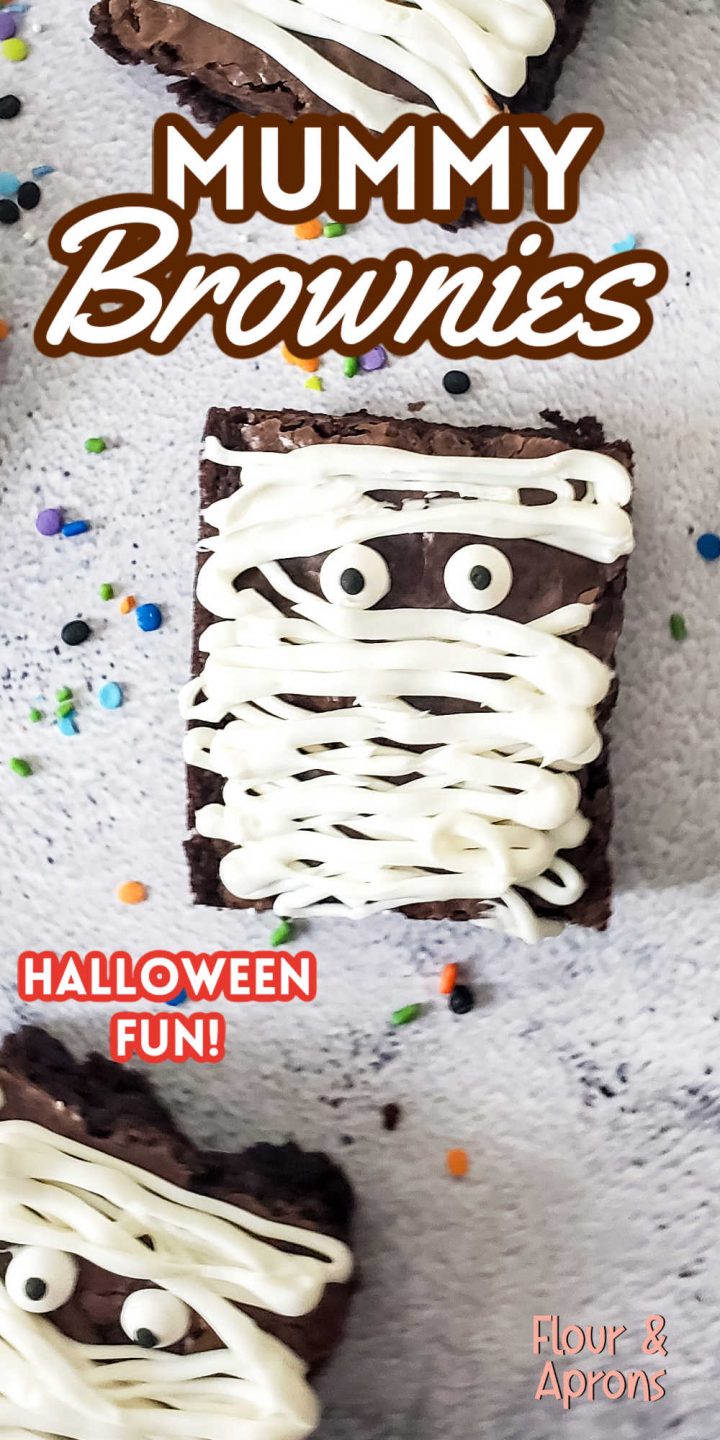 Pin image: Pic of mummy brownies with the words "Mummy Brownies" and "Halloween Fun" overlaid.