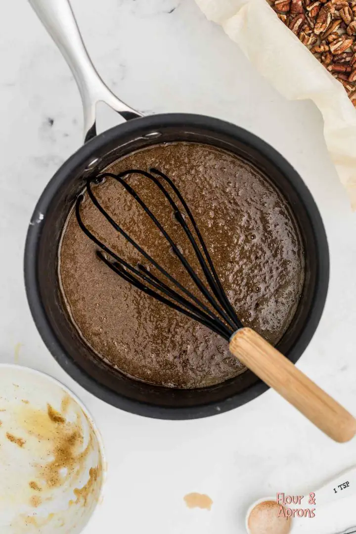 stirring pan with ingredients.