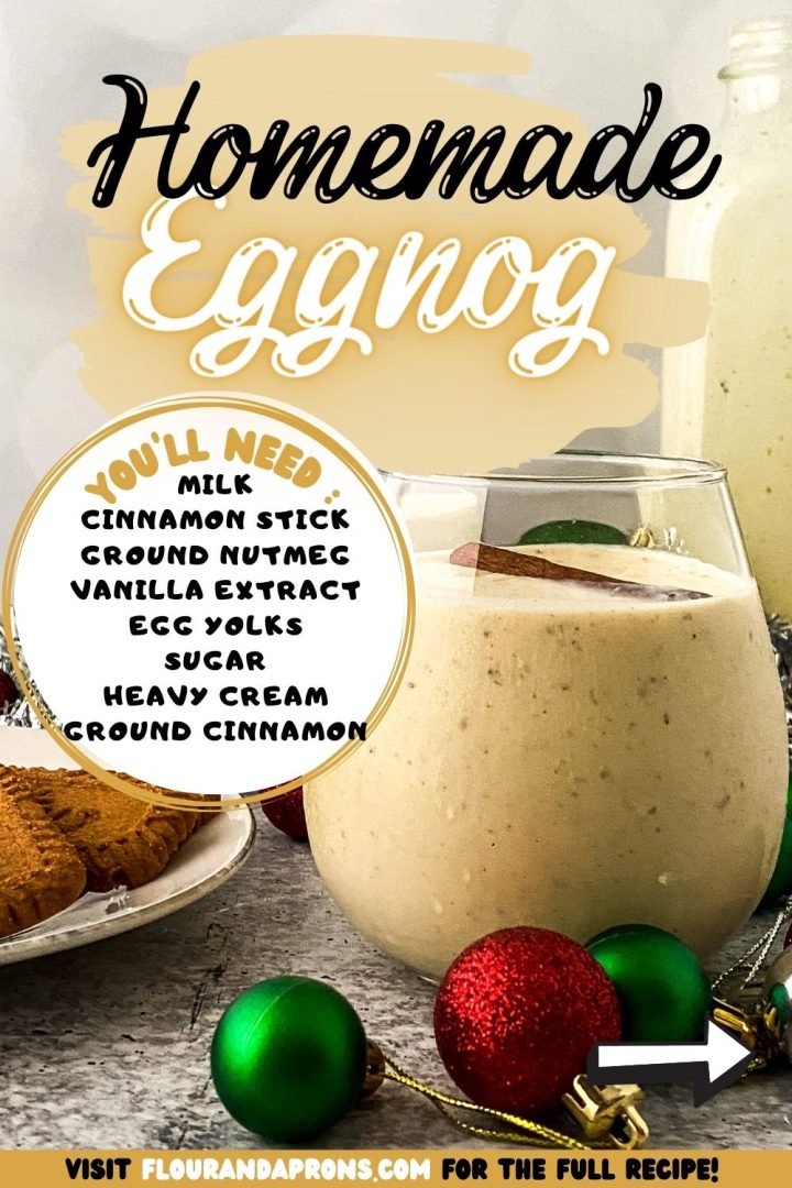 Top says "Homemade Eggnog" left side has a circle that has "you'll need: milk, cinnamon stick, ground nutmeg, vanilla extract, egg yolks, sugar, heavy cream, ground cinnamon" and a pic of eggnog in a glass to the right.