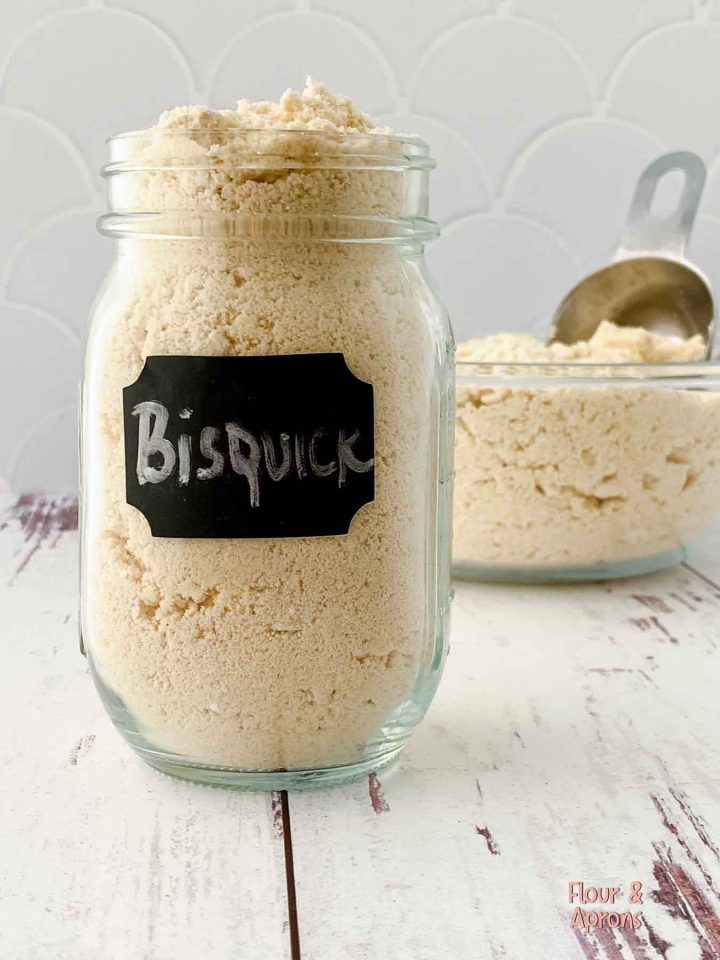 Jar with "Bisquick" written on it filled with DIY Bisquick.