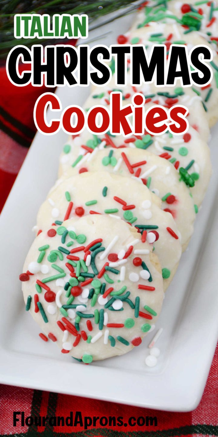 Pin image; top says "Italian Christmas Cookies" and bottom has a picture of Italian Christmas Cookies on a Platter.