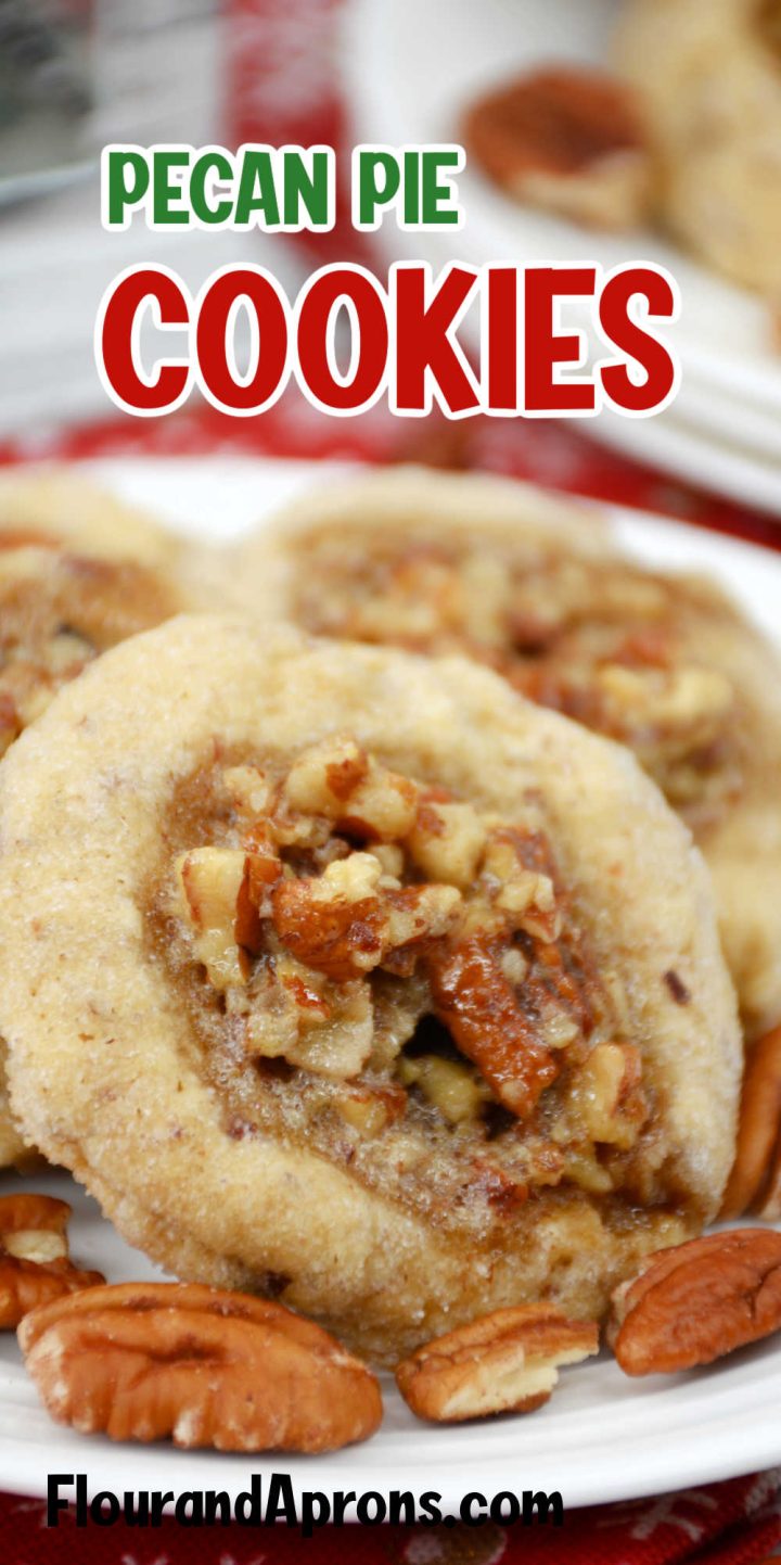 Pin image: "Pecan Pie Cookies" across top with a closeup of a pecan pie cookies.