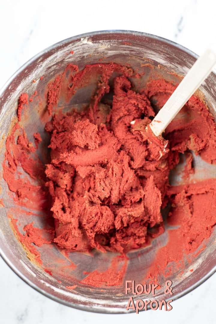 Red food coloring added and blended into cookie dough.